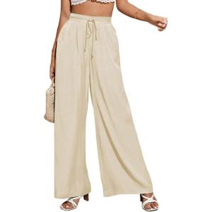imageCHARTOU Wide Leg Palazzo Pants for Women Flowy Beach Pants Flared Elastic High Waisted Trousers DrawstringApricot