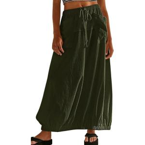 imageCHARTOU Women Baggy Parachute Skirt Comfy Casual Cotton Y2k Cargo Maxi Long SkirtArmy Green