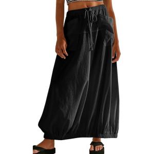 imageCHARTOU Women Baggy Parachute Skirt Comfy Casual Cotton Y2k Cargo Maxi Long SkirtBlack