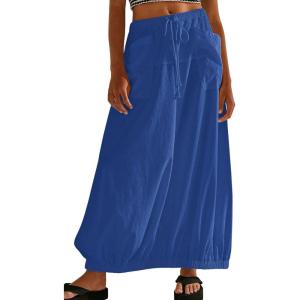 imageCHARTOU Women Baggy Parachute Skirt Comfy Casual Cotton Y2k Cargo Maxi Long SkirtBlue