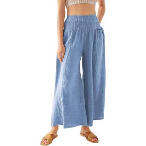 imageCHARTOU Women Comfy Cotton Pants Summer Boho Flowy Wide Leg Palazzo Lounge PantsBlue