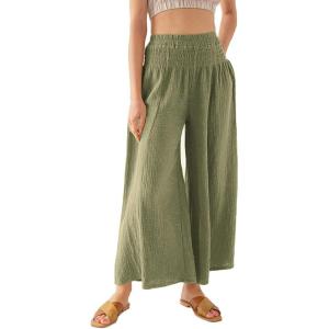 imageCHARTOU Women Comfy Cotton Pants Summer Boho Flowy Wide Leg Palazzo Lounge PantsGreen