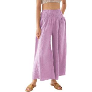 imageCHARTOU Women Comfy Cotton Pants Summer Boho Flowy Wide Leg Palazzo Lounge PantsPurple