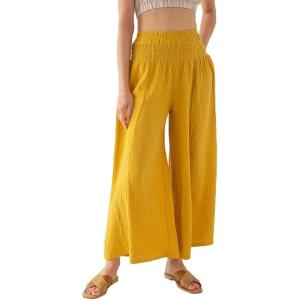 imageCHARTOU Women Comfy Cotton Pants Summer Boho Flowy Wide Leg Palazzo Lounge PantsYellow
