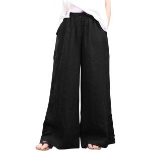 imageCHARTOU Women Cotton Wide Leg Linen Pants Palazzo High Waist Trousers Beach Gaucho Pants Summer Flowy CulottesBlack