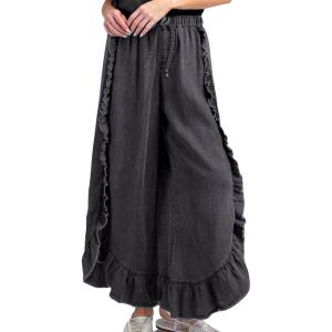 imageCHARTOU Women Denim Palazzo Pants Jeans Flare Elastic Waist Wide Leg Pants Raw Frayed Hem Jeans Flowy Ruffle PantsBlack