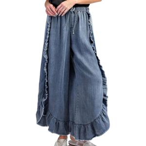 imageCHARTOU Women Denim Palazzo Pants Jeans Flare Elastic Waist Wide Leg Pants Raw Frayed Hem Jeans Flowy Ruffle PantsBlue