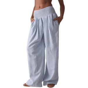 imageCHARTOU Women Gingham High Waist Smocked Palazzo Pants Baggy Wide Leg Pants Flowy Pleated Beach TrouserBlue