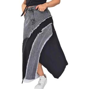 imageCHARTOU Women High Waist Patchwork Frayed Denim Skirt Asymmetrical Slit Distressed Long Jean SkirtsBlack