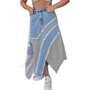 imageCHARTOU Women High Waist Patchwork Frayed Denim Skirt Asymmetrical Slit Distressed Long Jean SkirtsBlue