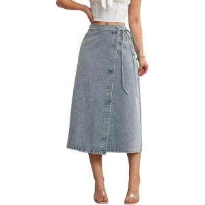 imageCHARTOU Women High Waist Tie Side Denim Wrap Skirt Long Asymmetrical A Line Jean Skirt with SlitBlue