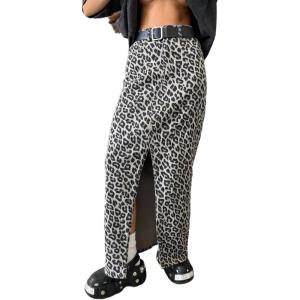 imageCHARTOU Women Leopard Denim Maxi Skirt 2025 Summer High Waisted Front Slit Cheetah Print Long Jean SkirtGrey