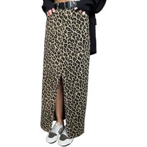 imageCHARTOU Women Leopard Denim Maxi Skirt 2025 Summer High Waisted Front Slit Cheetah Print Long Jean SkirtKhaki