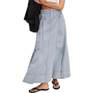 imageCHARTOU Women Lightweight Tencel Denim Skirt Utility Maxi Parachute Cargo Skirt with PocketsBlue