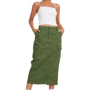 imageCHARTOU Women Long Denim Jean Skirt Mid Long Cargo Skirt Y2k Casual Denim Pencil Midi Skirt with PocketsGreen