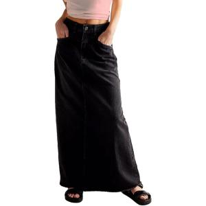 imageCHARTOU Women Maxi Long Jean Skirt Cargo Frayed Split Up A Line Denim Skirt Straight StreetwearBlack