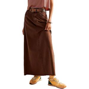 imageCHARTOU Women Maxi Long Jean Skirt Cargo Frayed Split Up A Line Denim Skirt Straight StreetwearCoffee