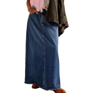 imageCHARTOU Women Maxi Long Jean Skirt Cargo Frayed Split Up A Line Denim Skirt Straight StreetwearDark Blue