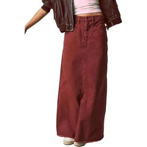 imageCHARTOU Women Maxi Long Jean Skirt Cargo Frayed Split Up A Line Denim Skirt Straight StreetwearWine