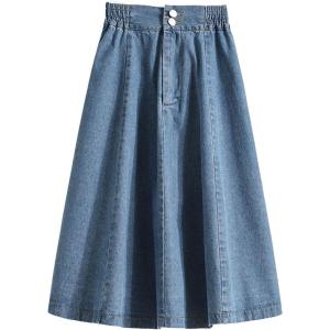 imageCHARTOU Women Pleated Jean Skirt Elastic High Waisted Midi Denim Skirt Flare A Line Skirt Ruffle Long Summer SkirtBlue