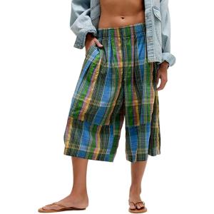 imageCHARTOU Women Summer Plaid Culotte Baggy Capri Pants High Rise Wide Leg Gingham Pants Beach Palazzo TrouserGreen