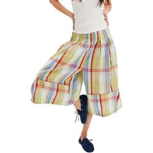 imageCHARTOU Women Summer Plaid Culotte Baggy Capri Pants High Rise Wide Leg Gingham Pants Beach Palazzo TrouserLight Green