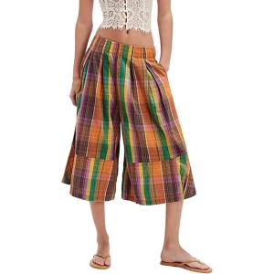 imageCHARTOU Women Summer Plaid Culotte Baggy Capri Pants High Rise Wide Leg Gingham Pants Beach Palazzo TrouserOrange