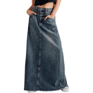imageCHARTOU Women Vintage Denim Maxi Skirt Frayed Raw Hem High Waist ALine Long Jean SkirtBlue