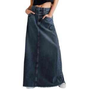 imageCHARTOU Women Vintage Denim Maxi Skirt Frayed Raw Hem High Waist ALine Long Jean SkirtDark Blue