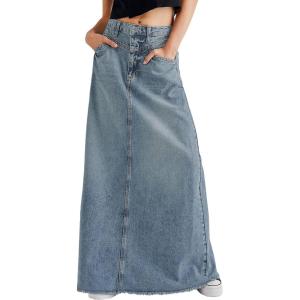 imageCHARTOU Women Vintage Denim Maxi Skirt Frayed Raw Hem High Waist ALine Long Jean SkirtLight Blue