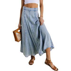 imageCHARTOU Women Vintage Long Denim Skirt Flowy Big Hem Slouchy Washed Jean SkirtBlue