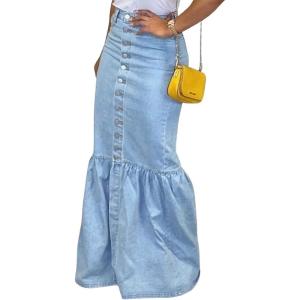 imageCHARTOU Womens Casual Button Down Mermaid Denim Maxi Skirt Fishtail Jean Long Ruffle SkirtLight Blue