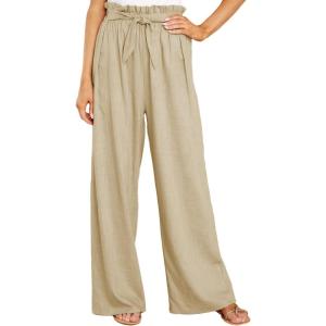 imageCHARTOU Womens Elastic High Waist Loose Fit Wide Leg Cotton Linen Lightweight Beach Palazzo PantsKhaki