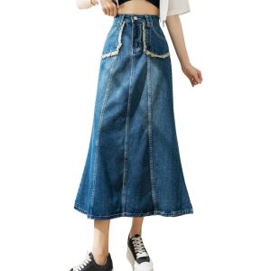 imageCHARTOU Womens Retro High Waist Long Denim A Line Maxi Skirt with PocketsBlue