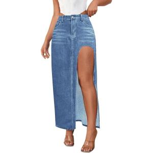 imageCHARTOU Womens Sexy High Split Slim Fit Maxi Long Pencil Denim Jean SkirtDark Blue