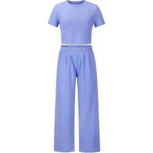 imageCHARTOU Womens Summer Casual 2 Piece Set Outfits Crop Top T Shirt Wide Leg Beach Pants PalazzoLarge