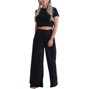 imageCHARTOU Womens Summer Casual 2 Piece Set Outfits Crop Top T Shirt Wide Leg Beach Pants PalazzoSmall