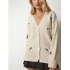 imageCHARTOU Floral Embroidered Button Down Sweaters for Women Cable Knit Sweater Cute Cardigan Fall ClothesBeige