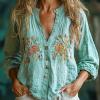 imageCHARTOU Women Boho Floral Shirts V Neck Long Sleeve Button Down Casual Loose TopCyan