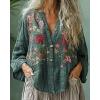 imageCHARTOU Women Boho Floral Shirts V Neck Long Sleeve Button Down Casual Loose TopDark Green
