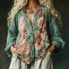 imageCHARTOU Women Boho Floral Shirts V Neck Long Sleeve Button Down Casual Loose TopGreen