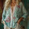 imageCHARTOU Women Boho Floral Shirts V Neck Long Sleeve Button Down Casual Loose TopLight Green