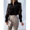 imageCHARTOU Women Business Blouse Hollow Out Eyelet Lace Embroidery Sleeve Patchwork Dressy Shirt TopsBlack