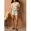 imageCHARTOU Women Cropped Crochet Floral Shirts Short Sleeve Button Down Hollow Out Cute TopsBeige