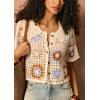 imageCHARTOU Women Cropped Crochet Floral Shirts Short Sleeve Button Down Hollow Out Cute TopsBeige