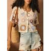 imageCHARTOU Women Cropped Crochet Floral Shirts Short Sleeve Button Down Hollow Out Cute TopsBeige