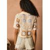 imageCHARTOU Women Cropped Crochet Floral Shirts Short Sleeve Button Down Hollow Out Cute TopsBeige