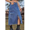 imageCHARTOU Women Denim Jean Midi Skirt Long Slit Skirt Elastic Waist A Line Skirt Y2K Cargo Skirt Mid LengthBlue