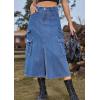 imageCHARTOU Women Denim Jean Midi Skirt Long Slit Skirt Elastic Waist A Line Skirt Y2K Cargo Skirt Mid LengthBlue