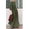 imageCHARTOU Women Elegant Long Dress Boat Neck 34 Lantern Sleeve Cotton Linen Dress with BeltGreen